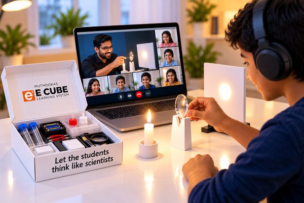 A boy using a lens and a candle from his activity kit, his teacher on a video call.