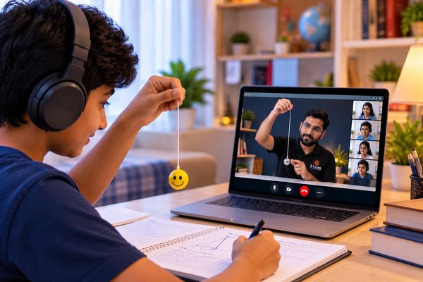 A boy repeating his teacher’s pendulum experiment at home during a live class.