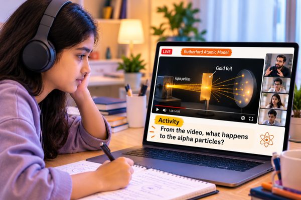 A student watching a video explanation of the Rutherford atomic model.